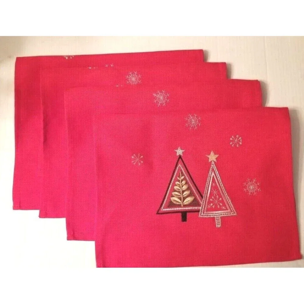 Holiday Embroidered Placemats Set of 4 Metallic Accents Trees & Snowflakes Red